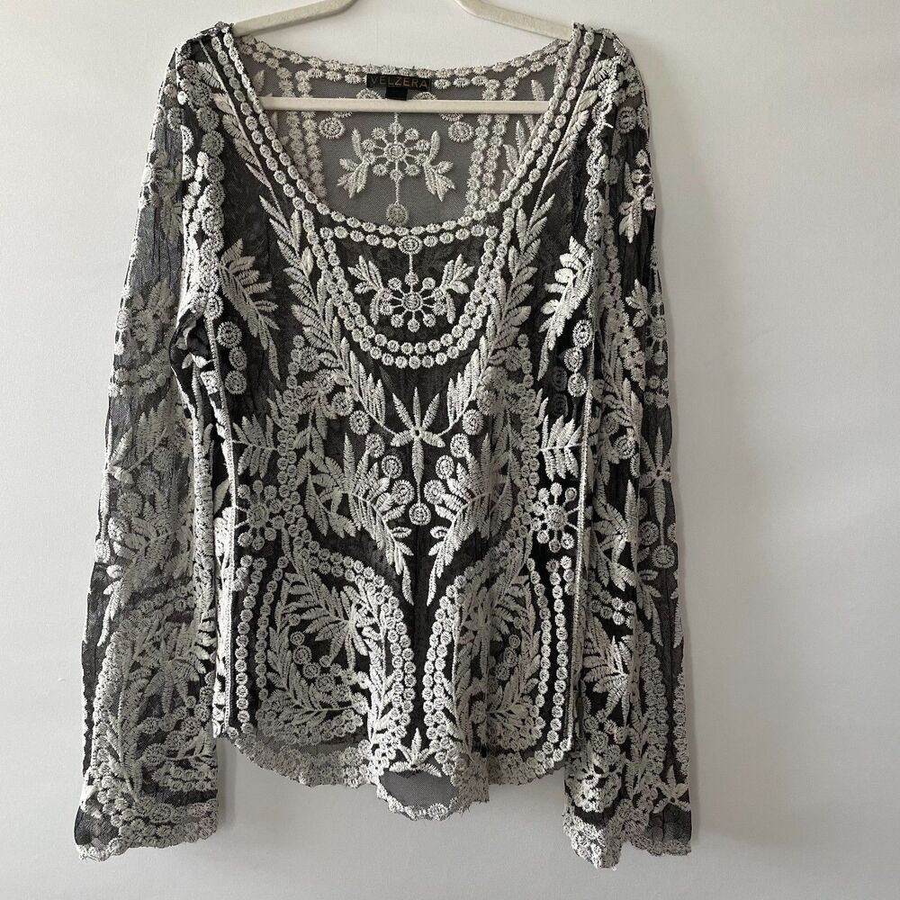 VELZERA Women’s S/M Black Sheer Mesh White Floral Embroidered Long Sleeve Top